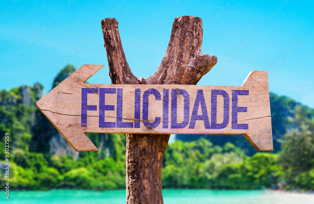 Happiness (in Portuguese) arrow with beach background