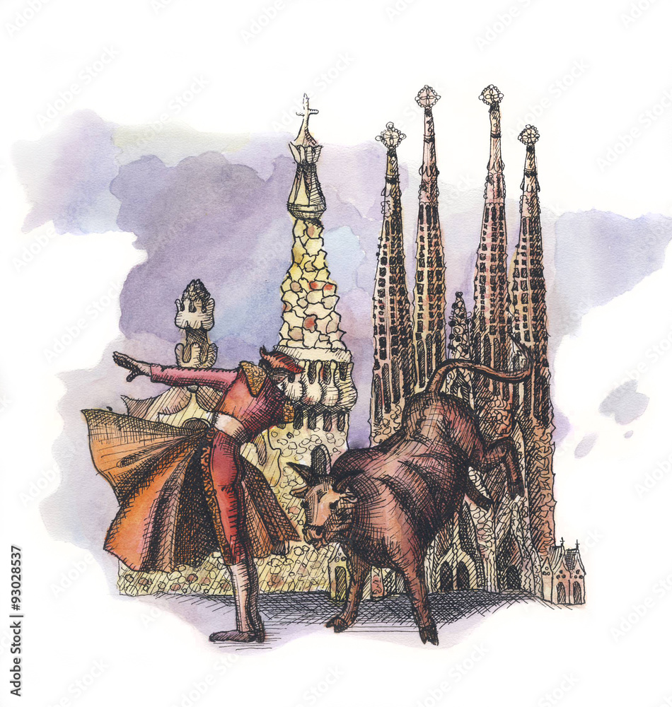 Fototapeta premium the Spain watercolor hand drawing, arhitectural buillding cathedtral isolated on the white background. The traditional culture of spain celebration corrida on the front of the buillding