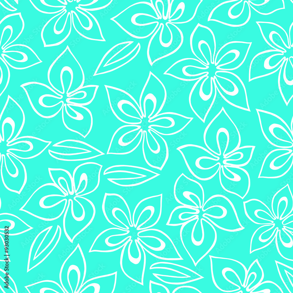 Seamless floral pattern with white abstract flowers painted on a turquoise background