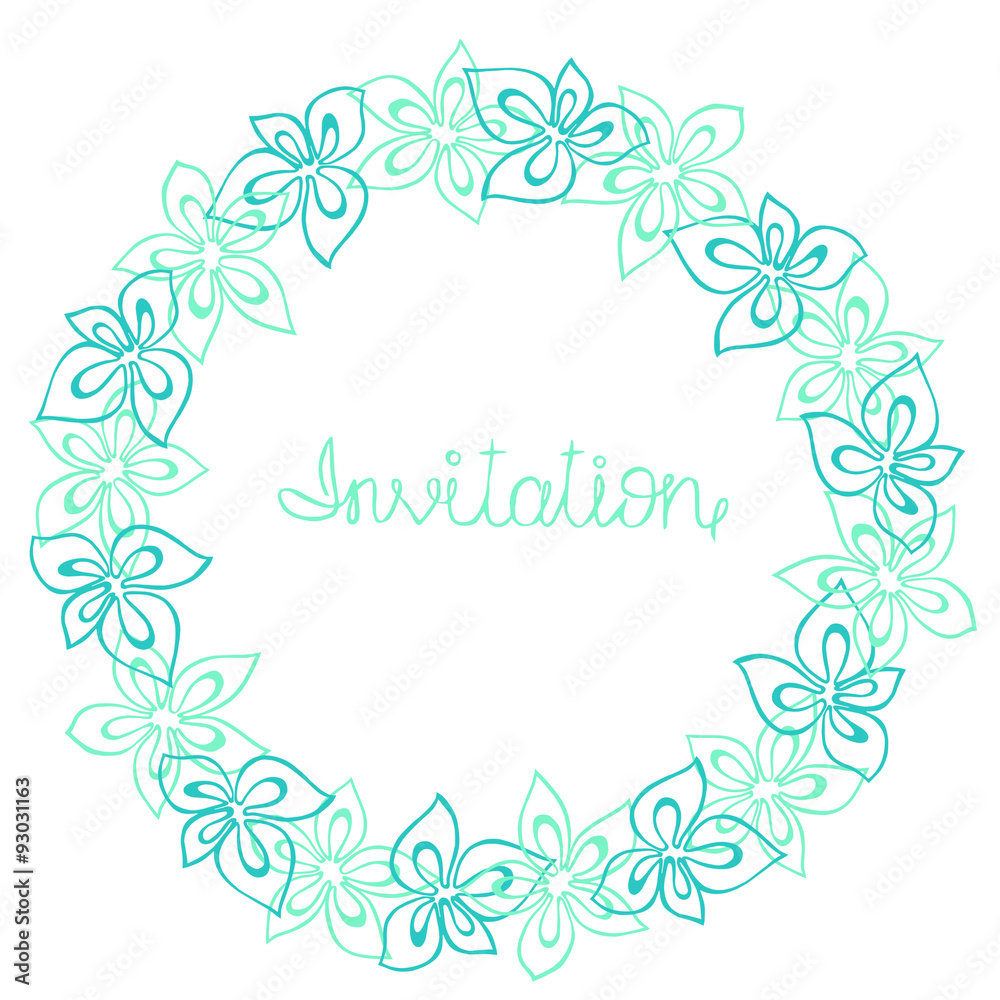 Circle frame, wreath of turquoise, blue and mint flowers on a white background, greeting card, decoration postcard or invitation