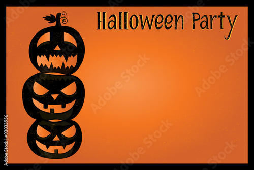 Halloween party postcard with three pumpkins on orange background