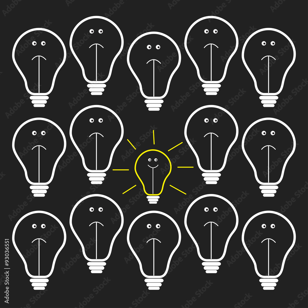 On and off bulbs with faces. Idea concept. Flat design On and off bulbs with faces. Idea concept. Flat design