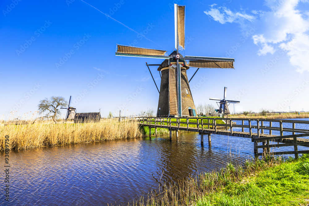 Traditional Holland scenery - windmills in Kinderdijk