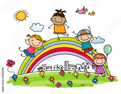 Sketch children and rainbow