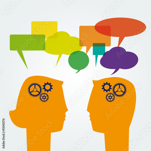 Abstract woman and man head profile, cog wheels and speech bubbl