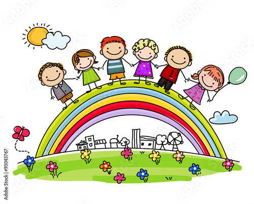 Sketch children and rainbow
