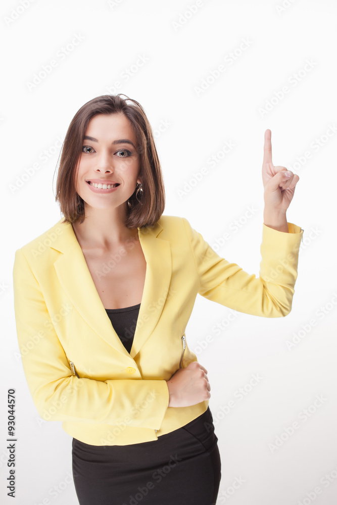 young business woman showing something on the white background young business woman showing something on the white background