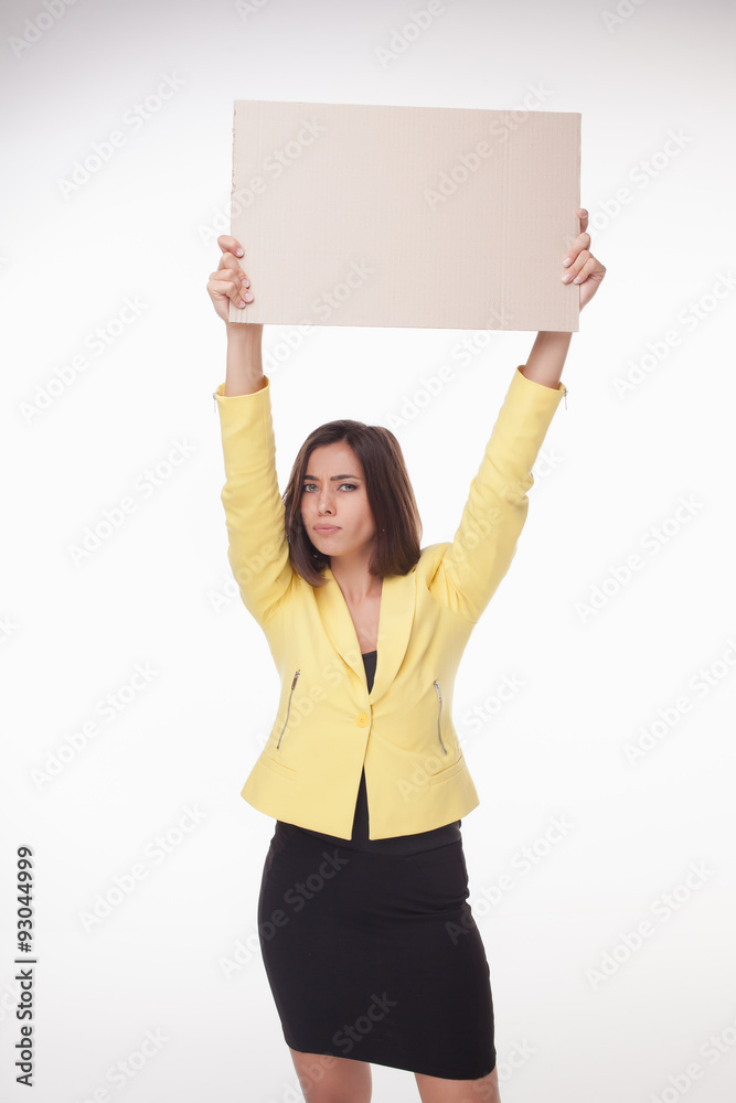 Businesswoman showing board or banner with copy space on white Businesswoman showing board or banner with copy space on white