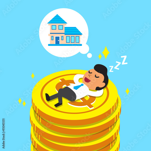 Cartoon businessman falling asleep on money coins and dream about house