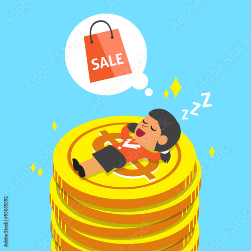 Cartoon businesswoman falling asleep on money coins and dream about shopping