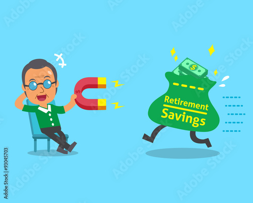 Cartoon old man using a magnet to attracts retirement savings bag