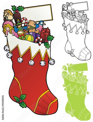 enormous stocking full of old fashioned toys, with a small copy space.