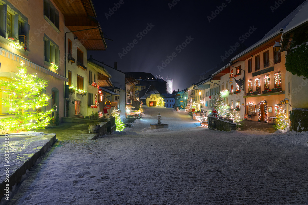 Medieval town of Gruyeres decorated for Christmas