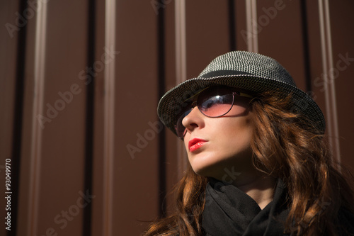 cool  woman wearing sunglasses in autumn dress on brown background