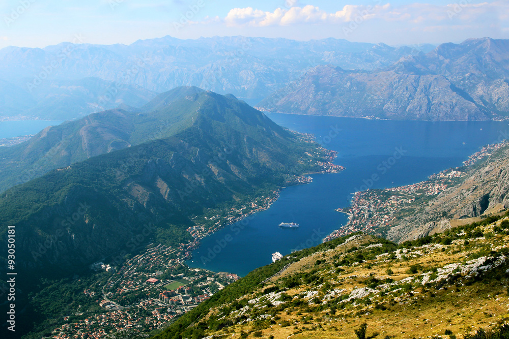 Kotor view. Kotor bay, Montenegro. Adriatic sea. Sea view. Mountains view