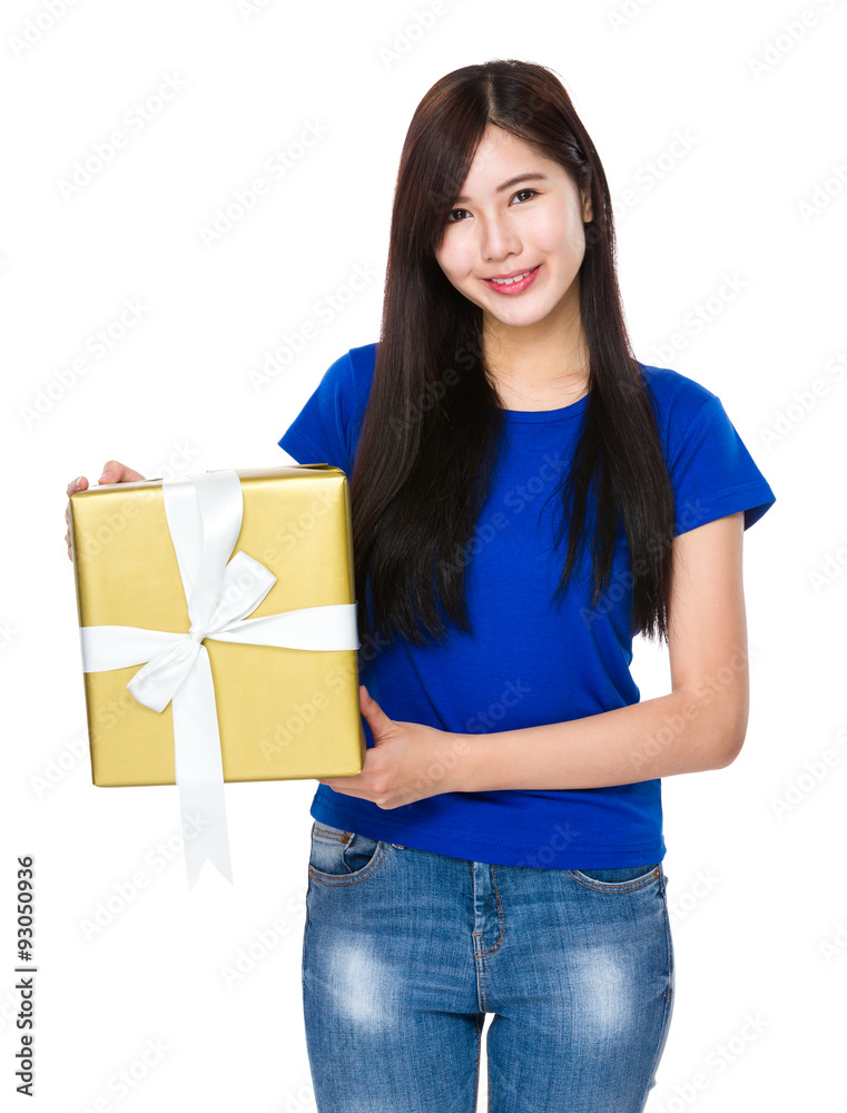 Asian woman holding a big present box Asian woman holding a big present box