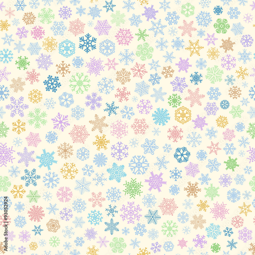 Seamless pattern of snowflakes, multicolored on beige