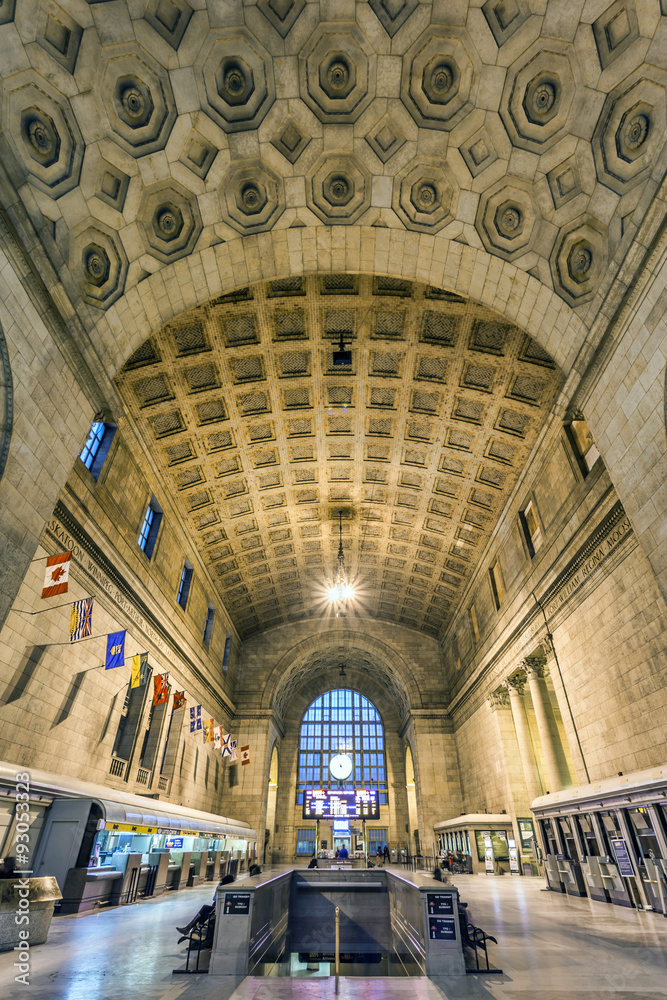 Interior of Union Station in Toronto on a calm Sunday evening.