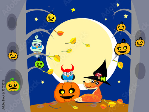Halloween night in forest - vector illustration of cute owls, fox as witch, zombie, devil have a party. Halloween pumpkins and ghost on trees. Flat cartoon Halloween background, wallpaper, poster. © alvie