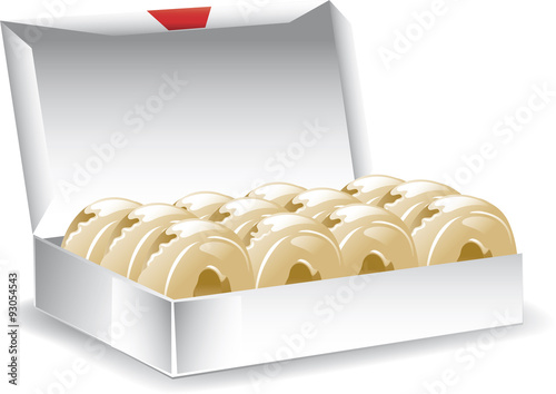 Illustration of a box of freshly baked donuts.