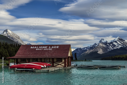 Boathouse of famous Maligne Lake in Jasper Nataional Park.