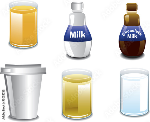 Illustration of six different breakfast beverages and drinks.