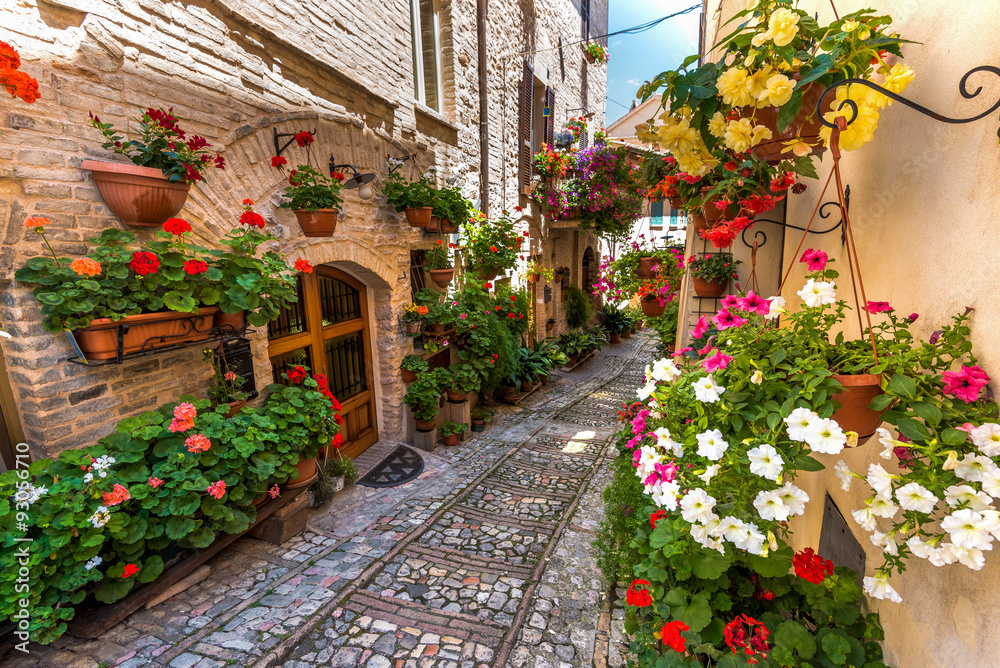 Fototapeta premium Kwiatowa ulica w środkowych Włoszech, w małym średniowiecznym Umbrii