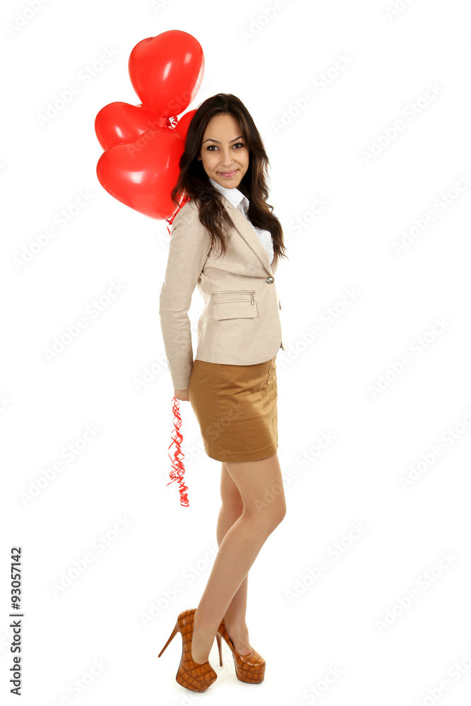 Beautiful woman with red balloon on white background Beautiful woman with red balloon on white background