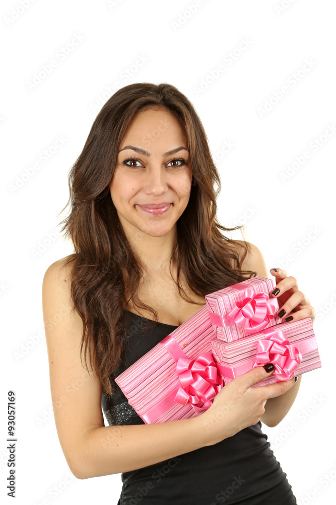 Young beautiful brunette woman with a gifts on white background Young beautiful brunette woman with a gifts on white background