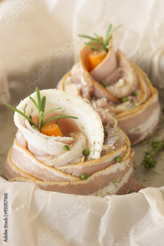 Bacon and Ham Wrapped Chicken in Roasting Tin Non sharpen file photo