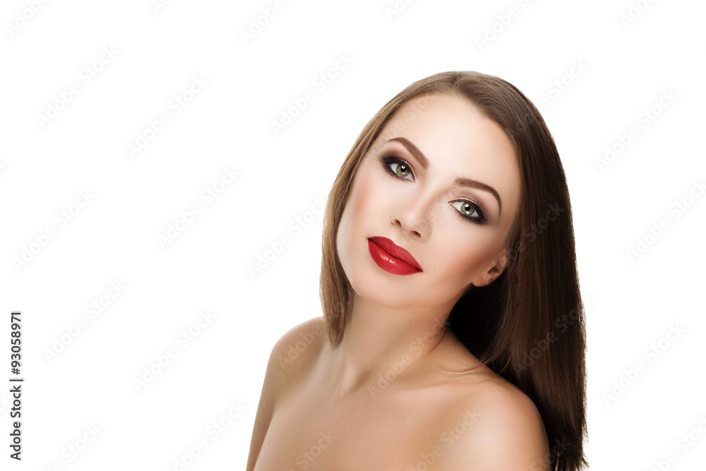 nice portrait of smiling young beautiful brunette woman with makeup and red lips. isolated photo nice portrait of smiling young beautiful brunette woman with makeup and red lips. isolated photo