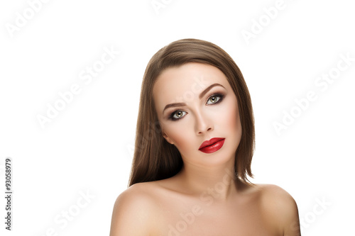 nice portrait of young beautiful brunette woman with makeup and red lips. isolated photo 