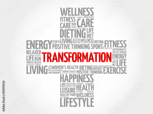 TRANSFORMATION word cloud, health cross concept