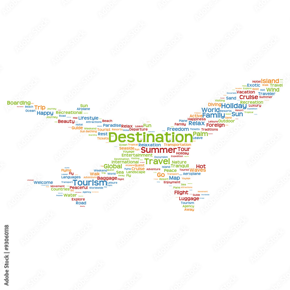 Concept or conceptual colorful plane silhouette travel tourism text word