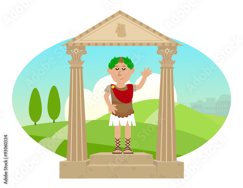 Julius Caesar - Cartoon of Julius Caesar standing on a pedestal and a landscape of ancient Rome in the background. Eps10