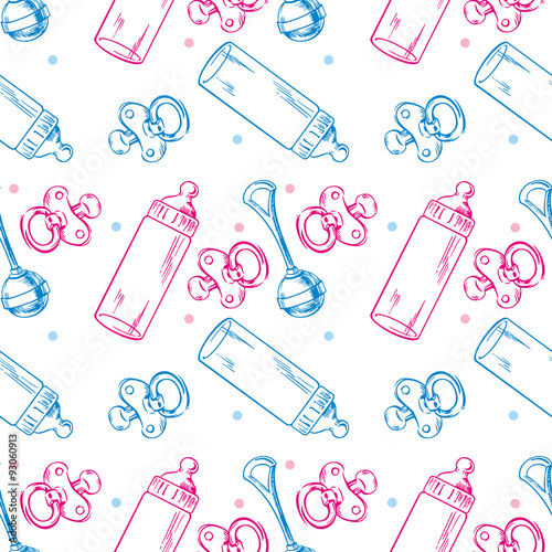 Seamless pattern with soothers, rattles and baby bottles