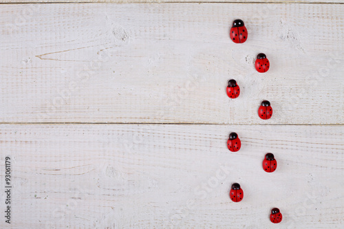 Ladybirds, ladybug on white rustic wooden background. Home decoration