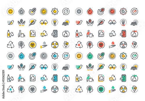 Flat line colorful icons collection of recycling, waste management , green energy, biodegradable materials, environmental protection, raising awareness of nature protection