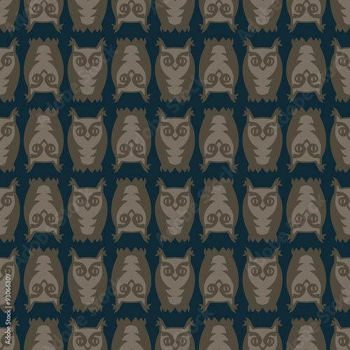 Seamless owl pattern on dark background. Child drawing style owl illustration.