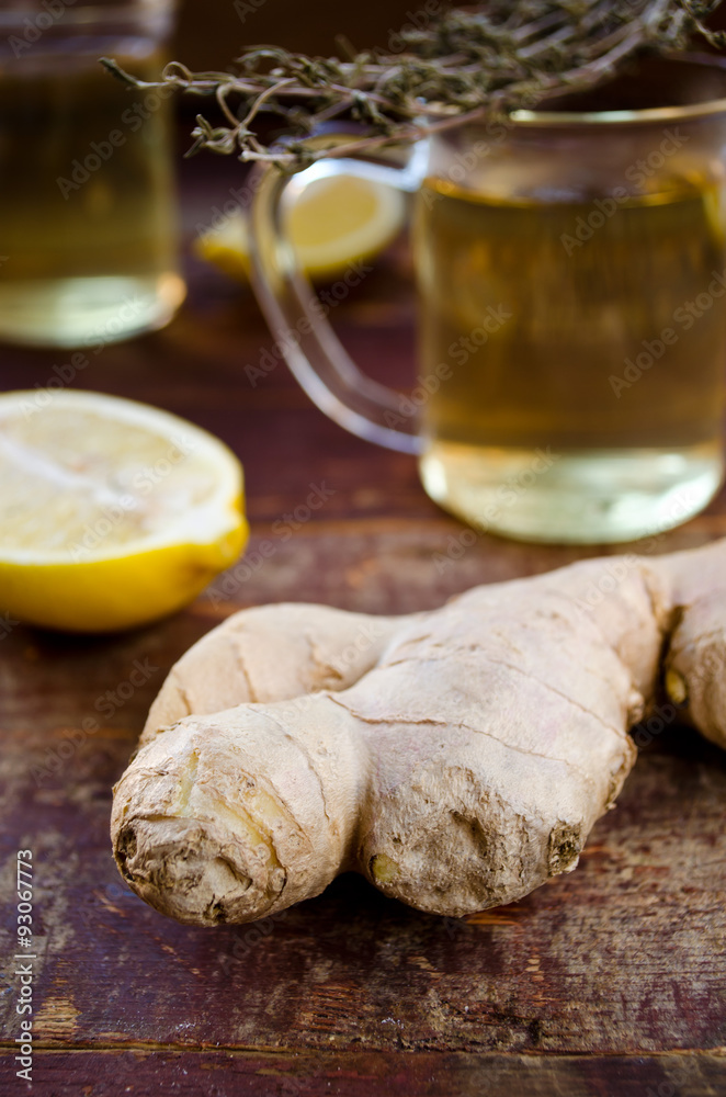 ginger tea with lemon and dry thyme ginger tea with lemon and dry thyme