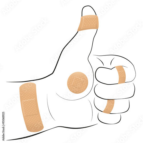 All right - thumbs up gesture with five adhesive plasters. Illustration on white background.