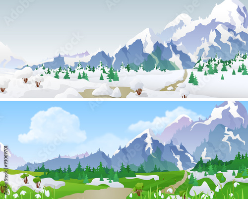 Hilly mountains landscape seasons winter snow spring vector flat