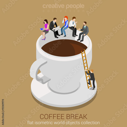 Coffee break vector flat concept: business people on coffee cup