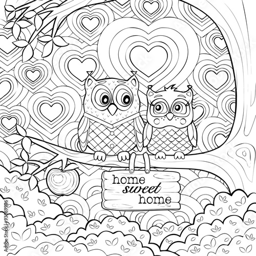 Coloring page of two cute owls that sit on a tree and look at each other