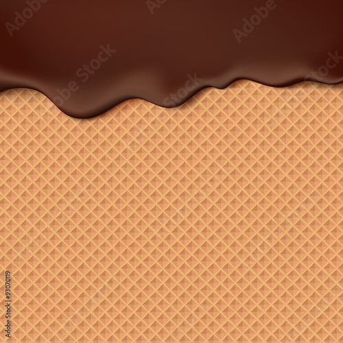 Flowing chocolate on wafer texture sweet food vector background