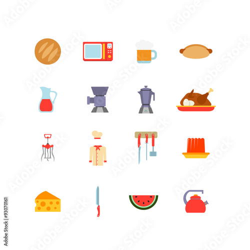 Kitchen cooking food vector flat icons: bread beer mincer turkey