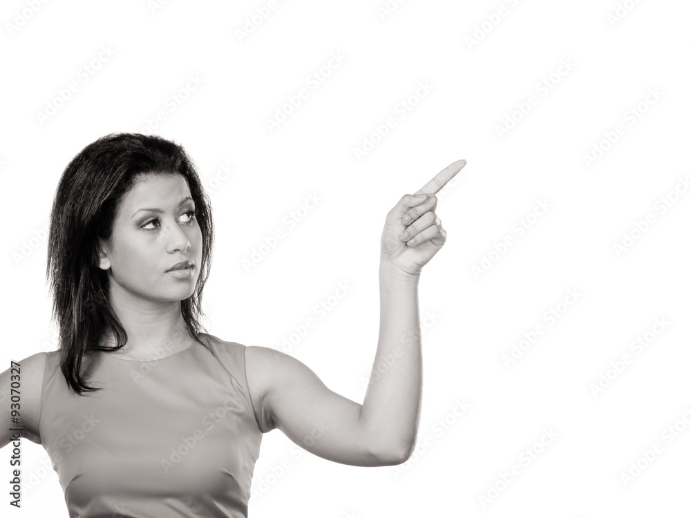 Pretty woman pointing at empty blank copy space. Pretty woman pointing at empty blank copy space.