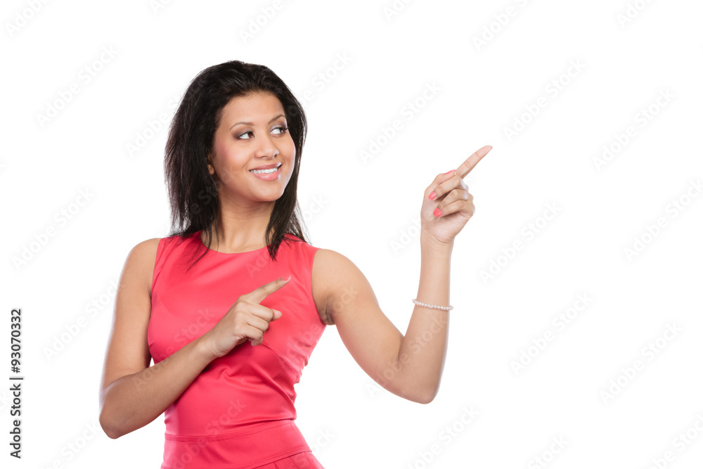 Pretty woman pointing at empty blank copy space. Pretty woman pointing at empty blank copy space.