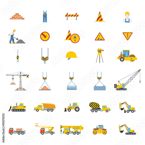 Flat vector construction site web icon: grader brick constructor