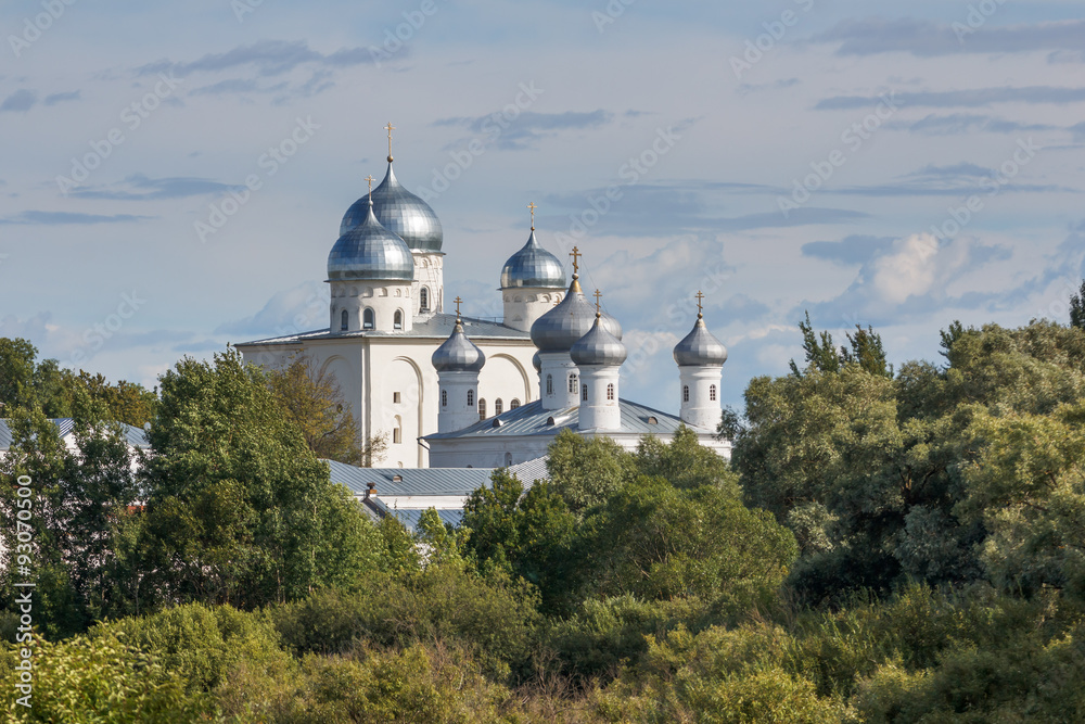 Dome of the temple the old Orthodox monastery in the summer landscape. Yuriev Monastery in the neighborhood Veliky Novgorod